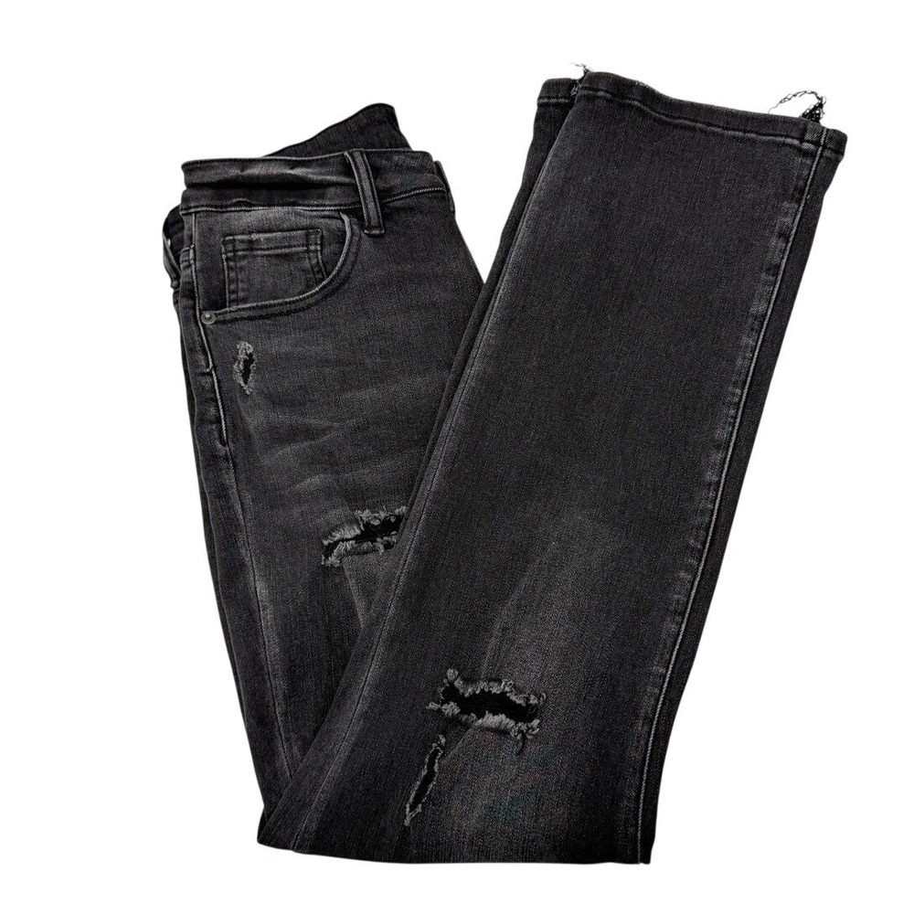 Risen Jeans Womens Size 9/29 Straight Leg Distressed Frayed Hem Black Denim Pant - Picture 3 of 6